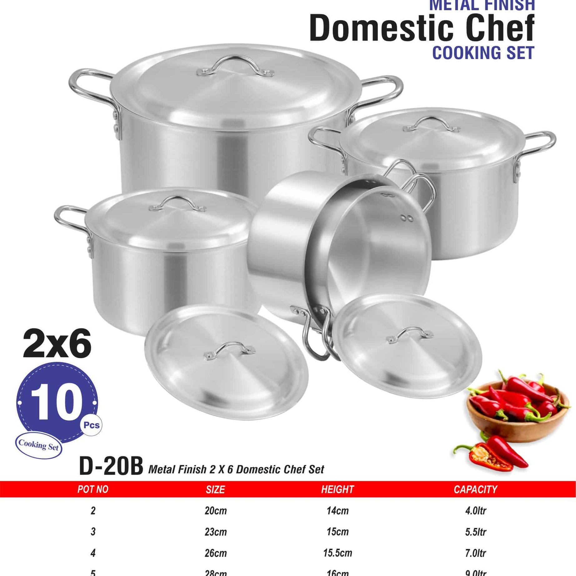 D-20-B AL Cooking Set 2x6 Metal Finish - Majestic Cookware