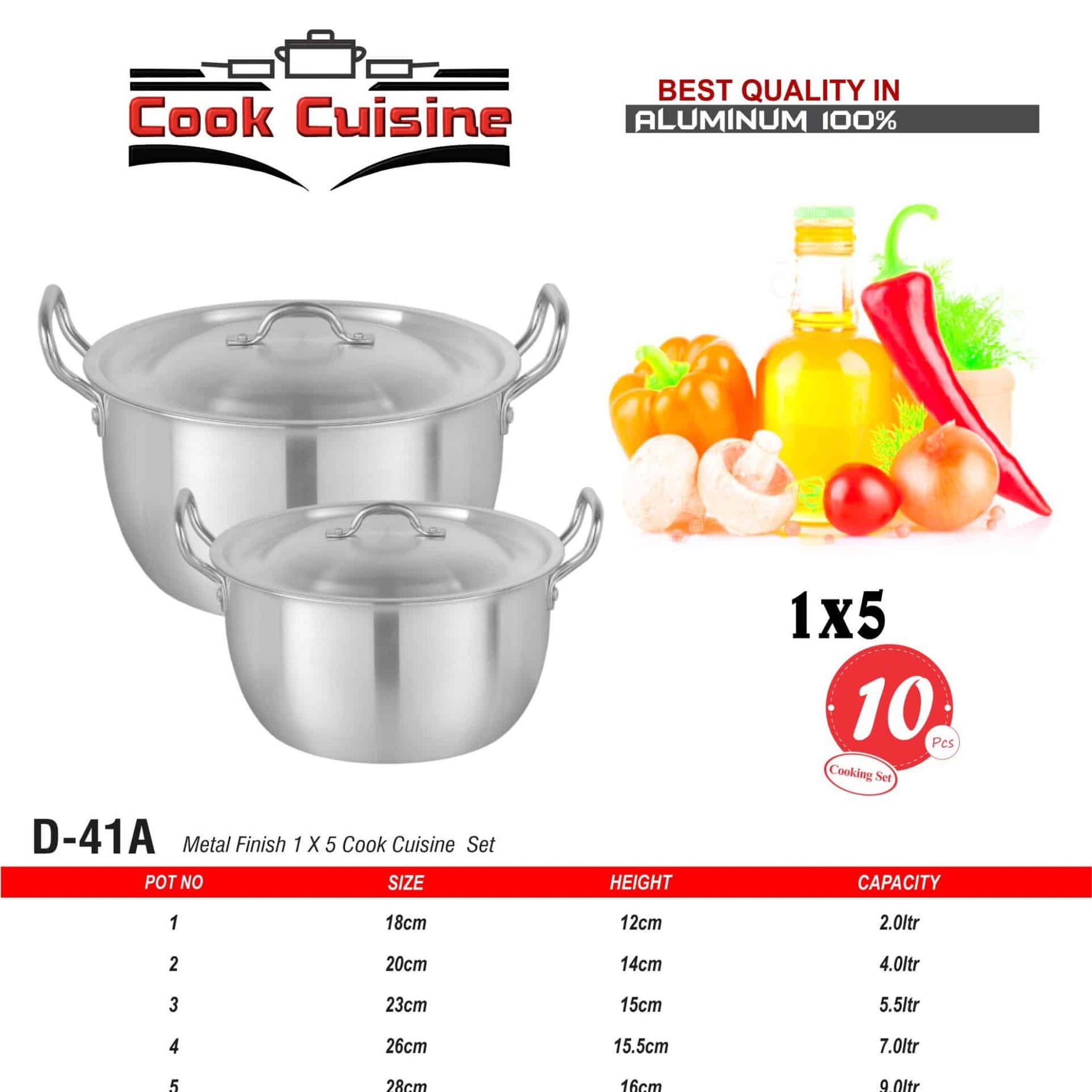D-41A AL Cook Cuisine Set 1x5 Metal Finish - Majestic Cookware