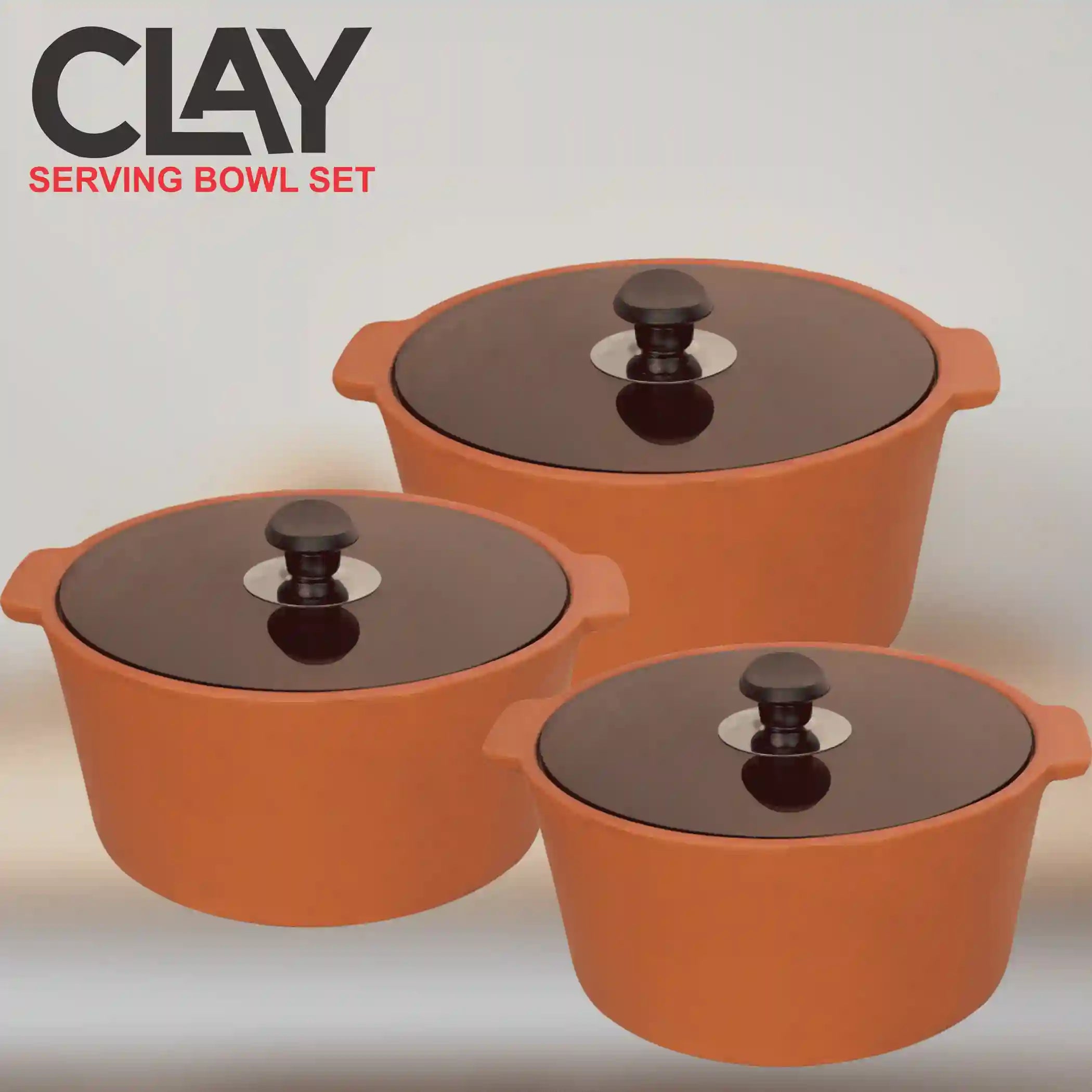 Majestic Clay 3 Pcs Bowl Set with Glass Lid